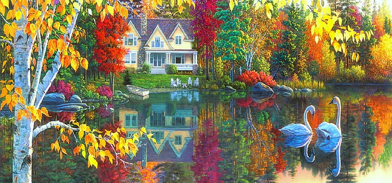 ★Autumn Grace★, architecture, autumn, attractions in dreams, most ed, digital art, seasons, leaves, paintings, scenery, animals, lakes, fall season, panoramic, houses, colors, love four seasons, creative pre-made, trees, swans, nature, reflections, HD wallpaper