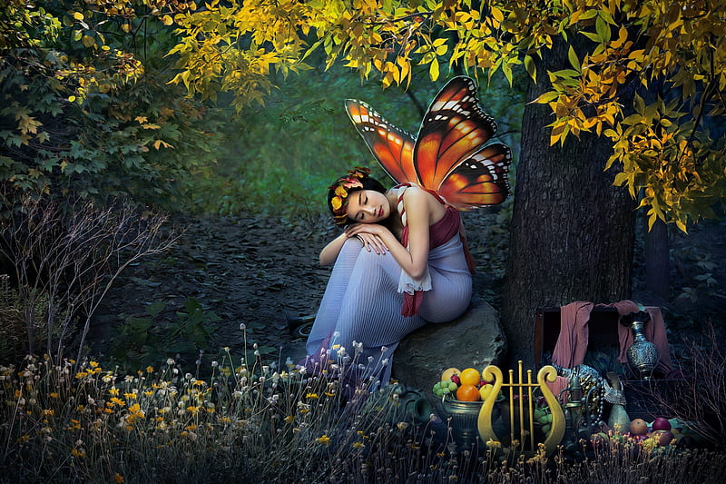 Forest Fairy, leaves, wings, girl, fruits, flowers, harp, trees, HD wallpaper