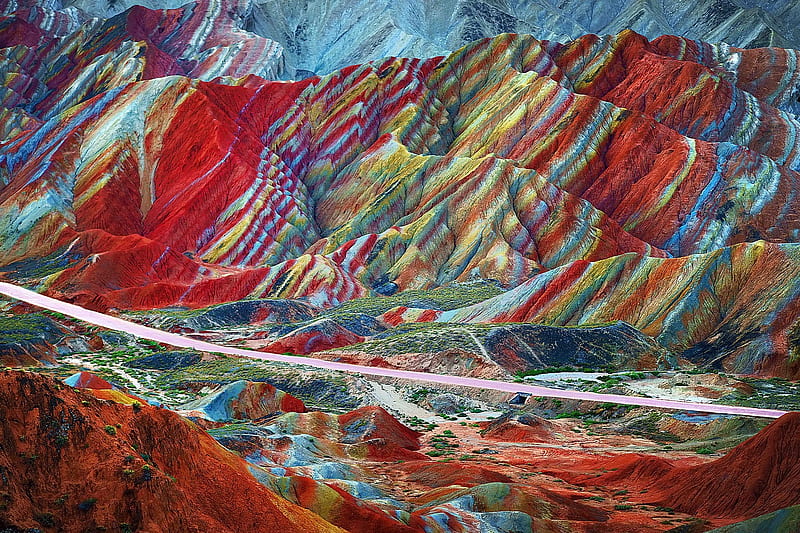 Rainbow Mountain in China, minerals, coloured, mountains, sandstone, path, rainbow, nature, HD wallpaper