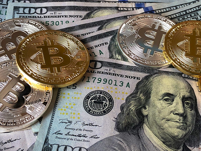 Bitcoin Dollar, cash, coins, mix, money, valuta, HD wallpaper
