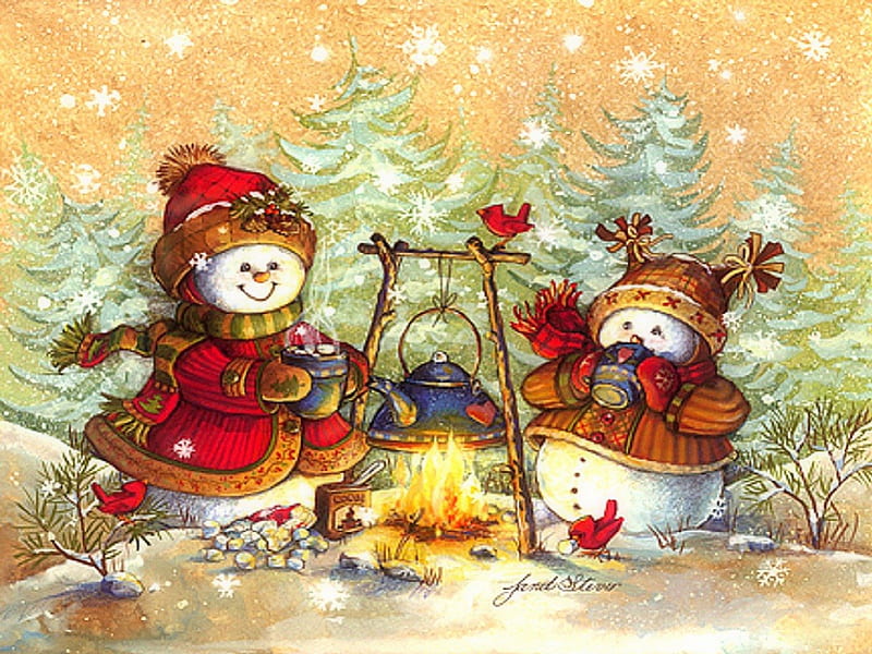 ★Warm Cocoa Together★, scarves, warm cocoa, seasons, xmas and new year, greetings, cardinals, paintings, gloves, drawings, traditional art, friends, snowmen, hats, christmas, xmas trees, love four seasons, birds, festivals, creative pre-made, trees, fire, warmth, snow, snowflakes, winter holidays, weird things people wear, kettle, celebrations, HD wallpaper