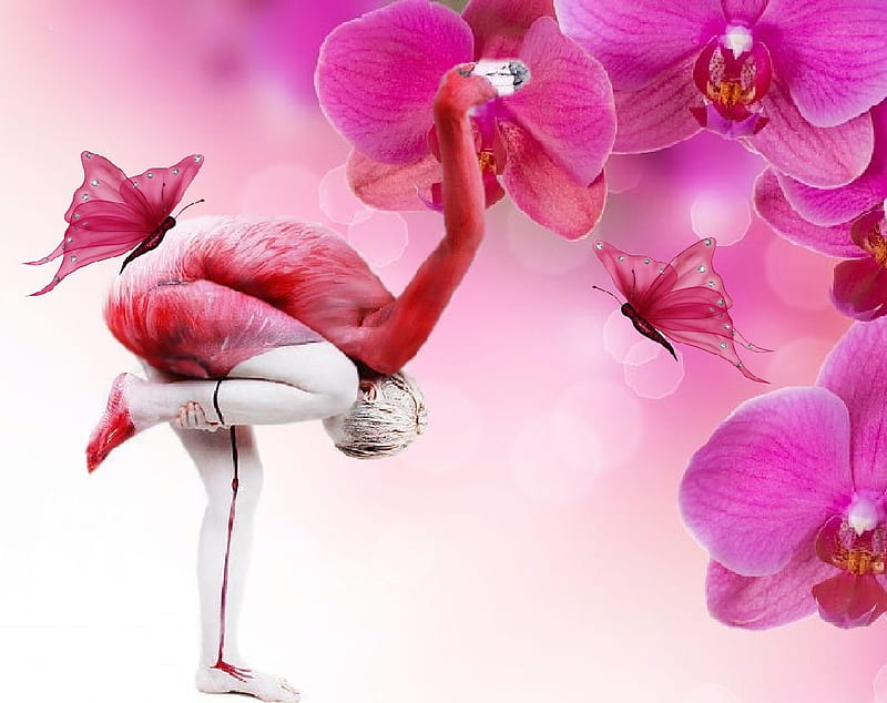 Pink Flamingo Full Body and Hair Art, vivid colors, pretty, bonito, woman, fantasy, bright, feminine, flowers, pink, gorgeous, female, vivid, black, soft, girl, butterflys, white, HD wallpaper