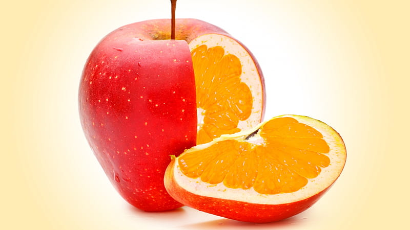 Mixed fruits, red, apple, portocala, fantasy, sea, orange, mixed fruit, creative, HD wallpaper