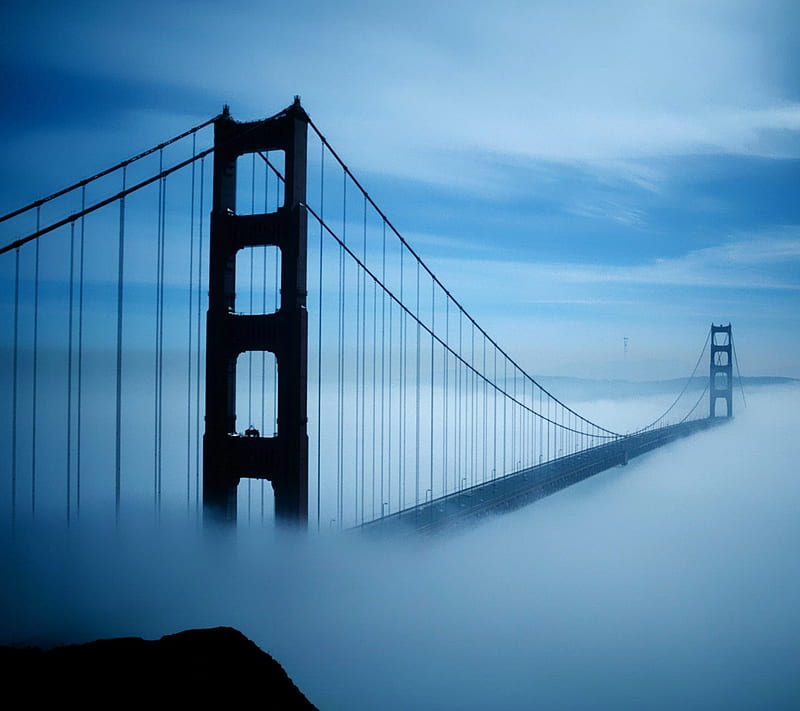 Golden gate, blue, bridge, dawn, fog, sky, HD wallpaper