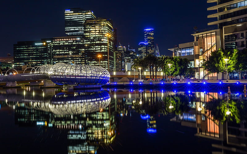 Melbourne, evening, city lights, fountain, Australia, skyscrapers, HD wallpaper