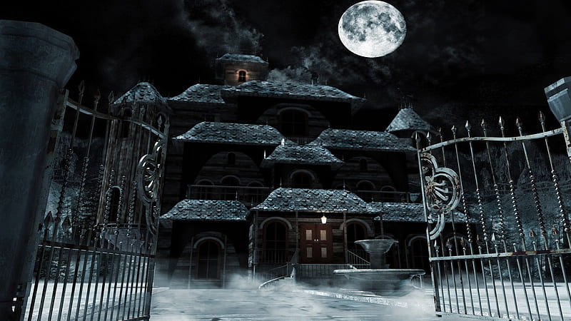 Fog Haunted Mansion With Moon In The Black Sky Background Movies, HD wallpaper