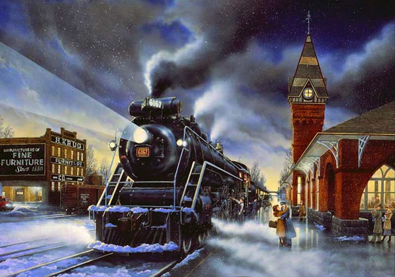 Home for Christmas, train, christmas, snow, home, station, steam, winter, HD wallpaper