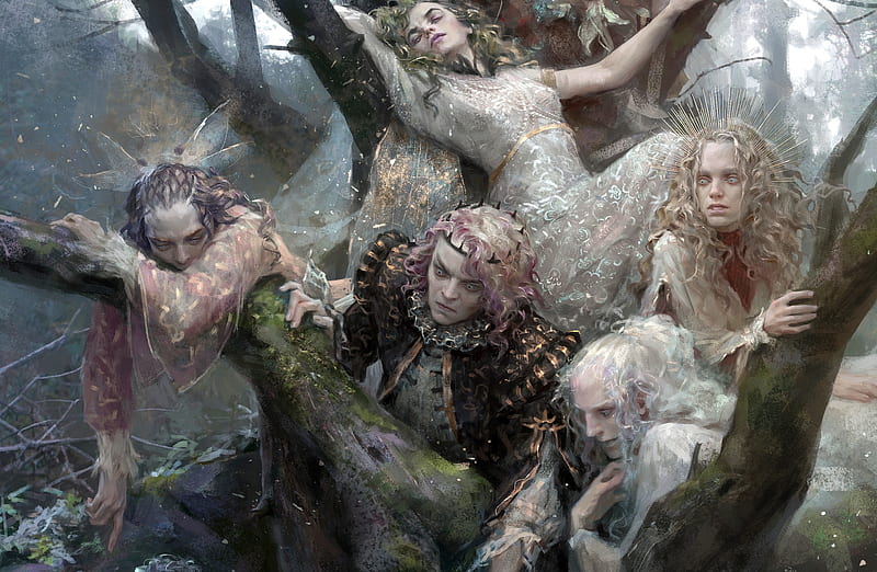 The fairies, peasant girl, fairy, art, yuliya litvinova, fantasy, tree, luminos, HD wallpaper