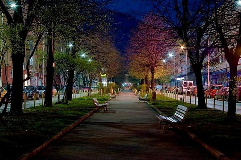 At Night, town, trees, lights, graphy, nice, patk, nature, bulgaria, night, HD wallpaper