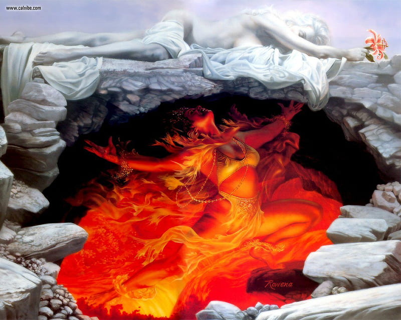 heaven and hell, flower, rocks, lava, women, HD wallpaper