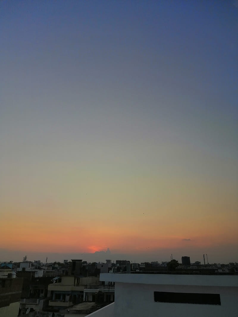 Sunset sky, blue, building, love, nature, orange, sun, terrace, weather, HD phone wallpaper