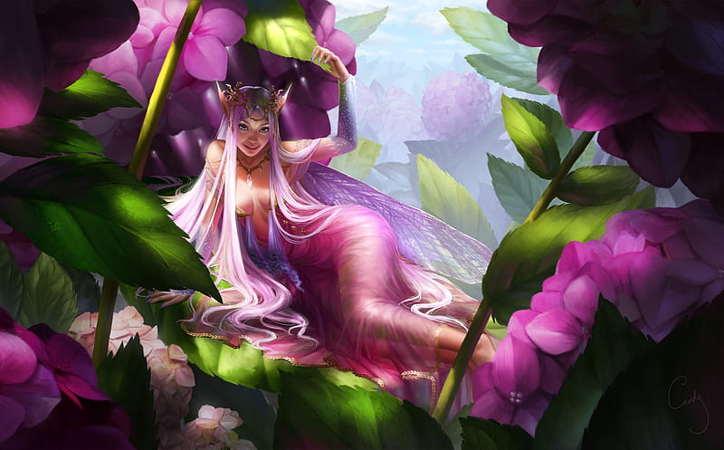 Hydrangea fairy, art, luminos, fantasy, vara, hyrangea, girl, green, summer, flower, helena cnockaert, pink, fairy, HD wallpaper