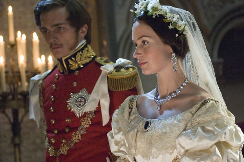 The young Victoria (2009), red, movie, bride, woman, rupert friend, love, beauty, prince albert, couple, emily blunt, romance, the young victoria, man, wedding, queen victoria, lady, white, HD wallpaper
