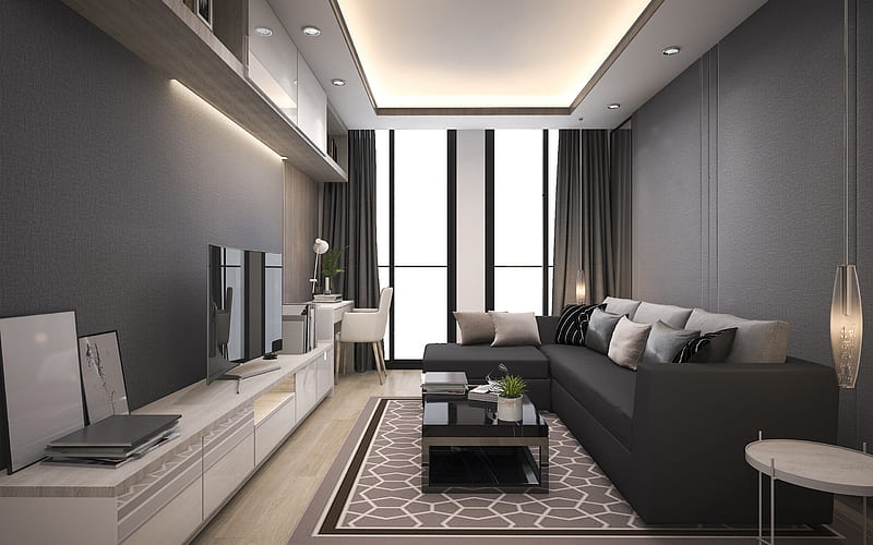 living room, stylish gray interior design, gray walls in the living room, modern interior design, white furniture, HD wallpaper