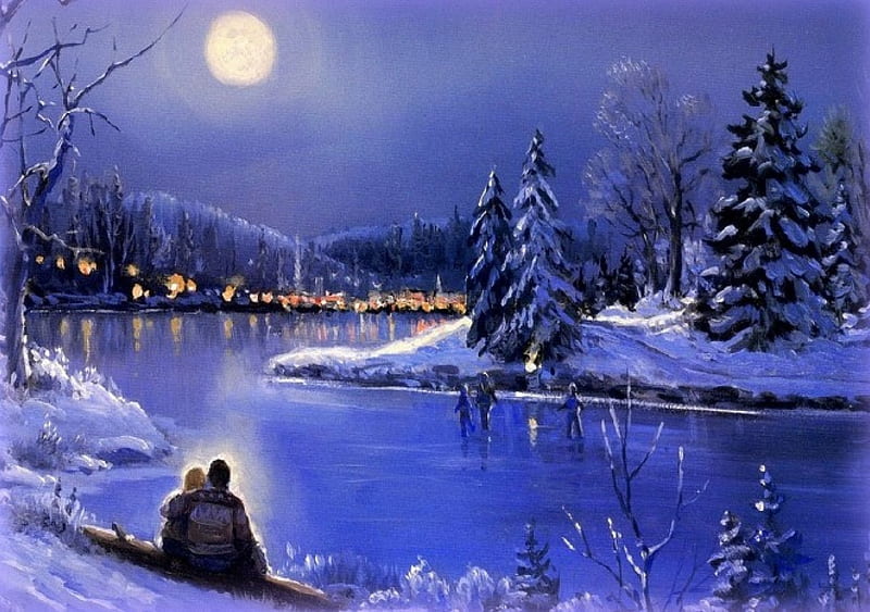 ★Sweet Moonlight in Winter★, family, children, digital art, woman, xmas and new year, greetings, lovers, frosty, paintings, people, landscapes, scenery, drawings, moons, christmas, love four seasons, man, christmas trees, winter, snow, winter holidays, moonlight, weird things people wear, bay, celebrations, HD wallpaper