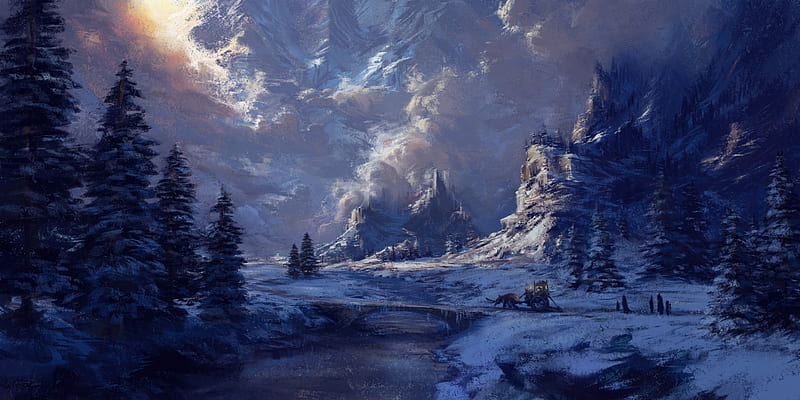 Winter, world, fantasy, luminos, snow, philipp a urlich, iarna, blue, HD wallpaper