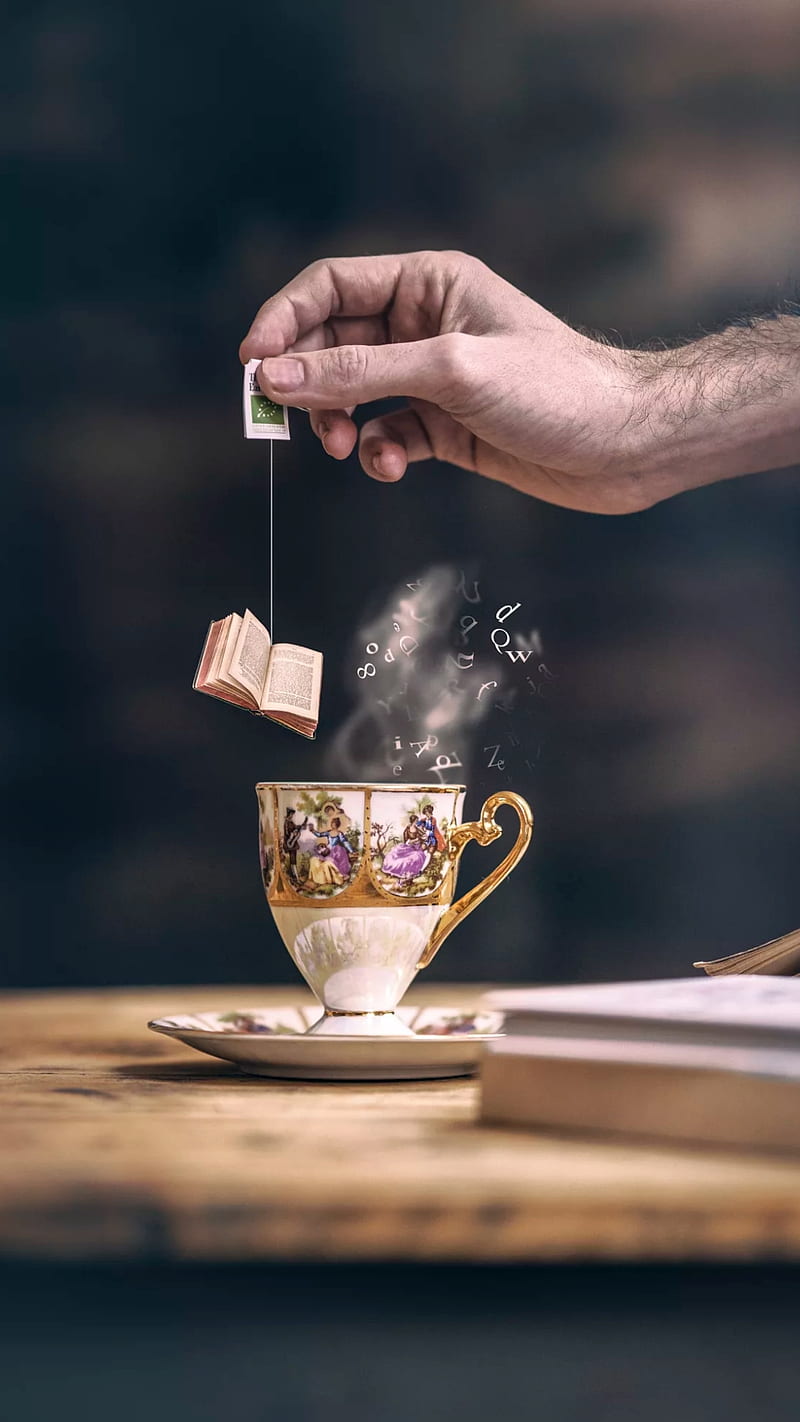 Book day, cup, good morning, hand, letters, steam, tea, HD phone ...