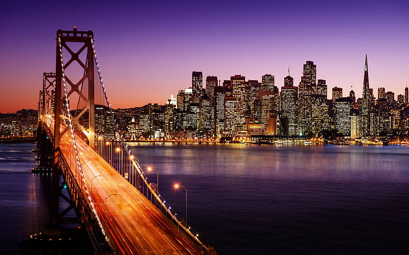 Golden Gate Bridge, skyscrapers, San Francisco, nightscapes, USA, America, HD wallpaper