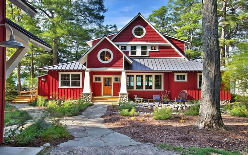 Casa roja, arboles, rojo, arquitectura, casas, blanco, flores, Fondo de  pantalla HD | Peakpx