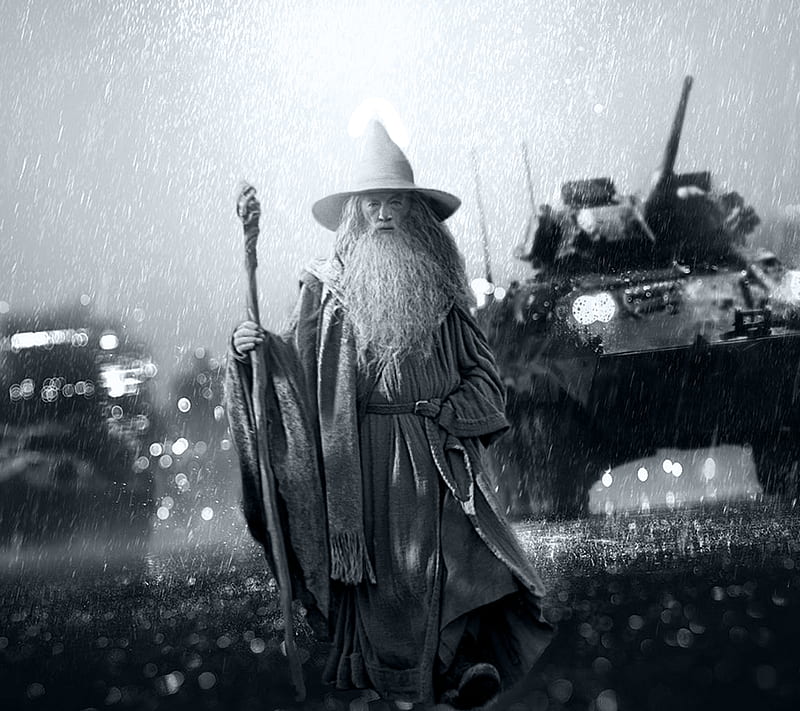 Gandalf, artwork, battlefield, game, legent, rain, wizard, HD wallpaper