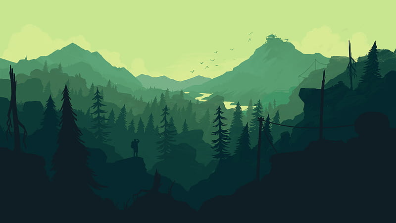 Flat vector night landscape wallpaper with mountain and cabin