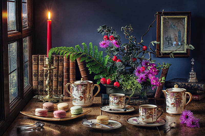 Still life, Table, Candles, Cookies, Tea, Cup, HD wallpaper