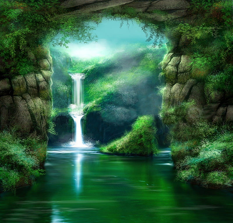 Dear grotto, lovely, hole, gree, colors, bonito, waterfalls, valley, water, splendor, plants, peaceful, nature, lake peaceful, grotto, HD wallpaper
