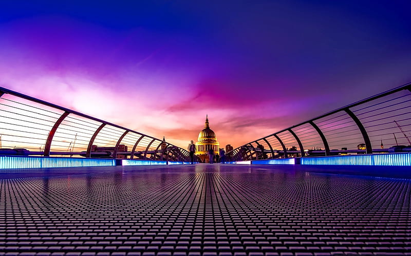 Millennium Bridge, London, London Millenium Footbridge, St Pauls Cathedral, evening, sunset, cityscape, London landmark, UK, HD wallpaper