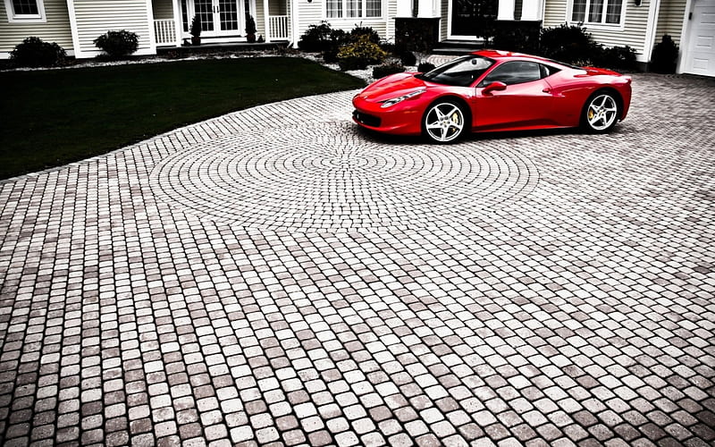 ferrari458 italia in a cobblestone driveway, red, house, driveway, car, cobblestones, HD wallpaper