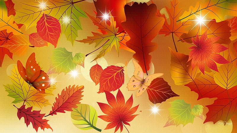 Energy of Autumn, stars, fall, autumn, glow, orange, firefox persona, leaves, gold, butterfly, color, HD wallpaper
