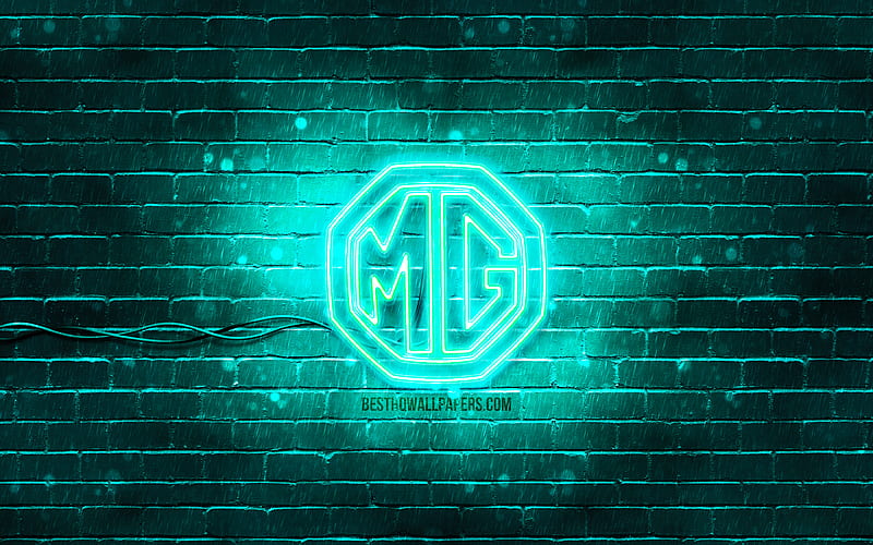 MG turquoise logo turquoise brickwall, MG logo, cars brands, MG neon logo, MG, HD wallpaper