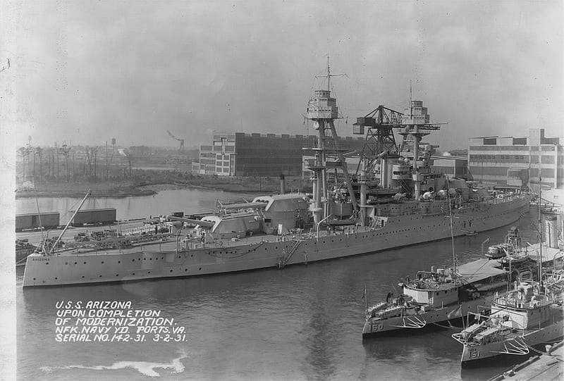 USS Arizona (Stern View), US Navy, Battleship, Docked in Harbor, WW2, HD wallpaper