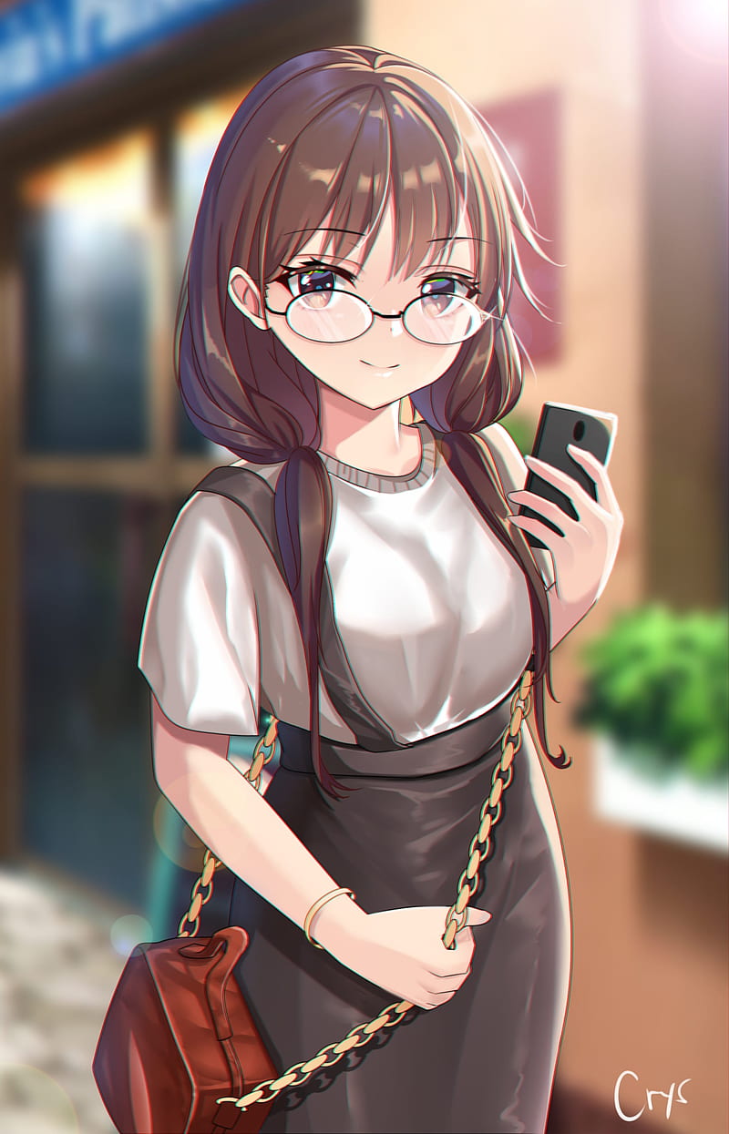 Girl, glasses, smile, phone, style, anime, HD phone wallpaper | Peakpx