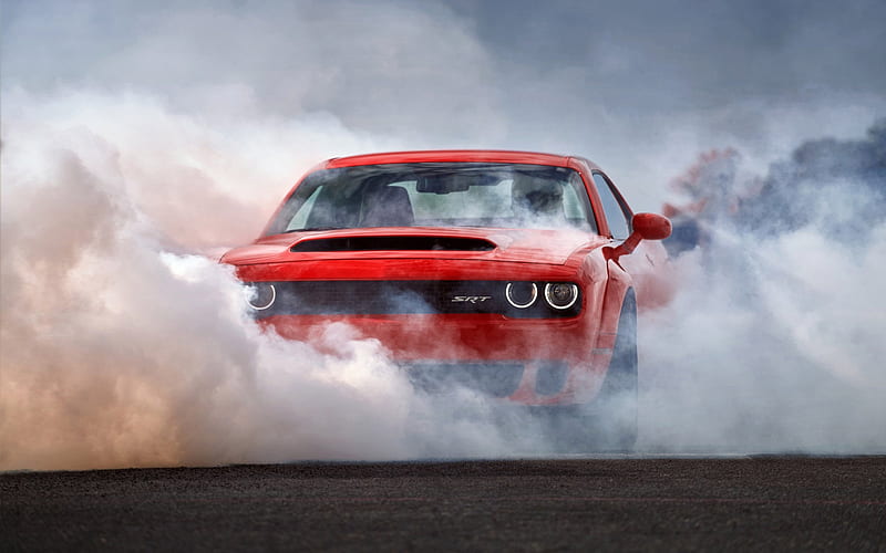 Dodge Challenger SRT, 2018 cars, smoke, supercars, red Challenger, Dodge, HD wallpaper