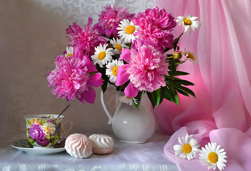 Still life, pretty, vase, bonito, fragrance, leaves, nice, flowers, morning, pink, harmony, lovely, time, tera, scent, freshness, daisies, bouquet, coffee, cup, petals, HD wallpaper