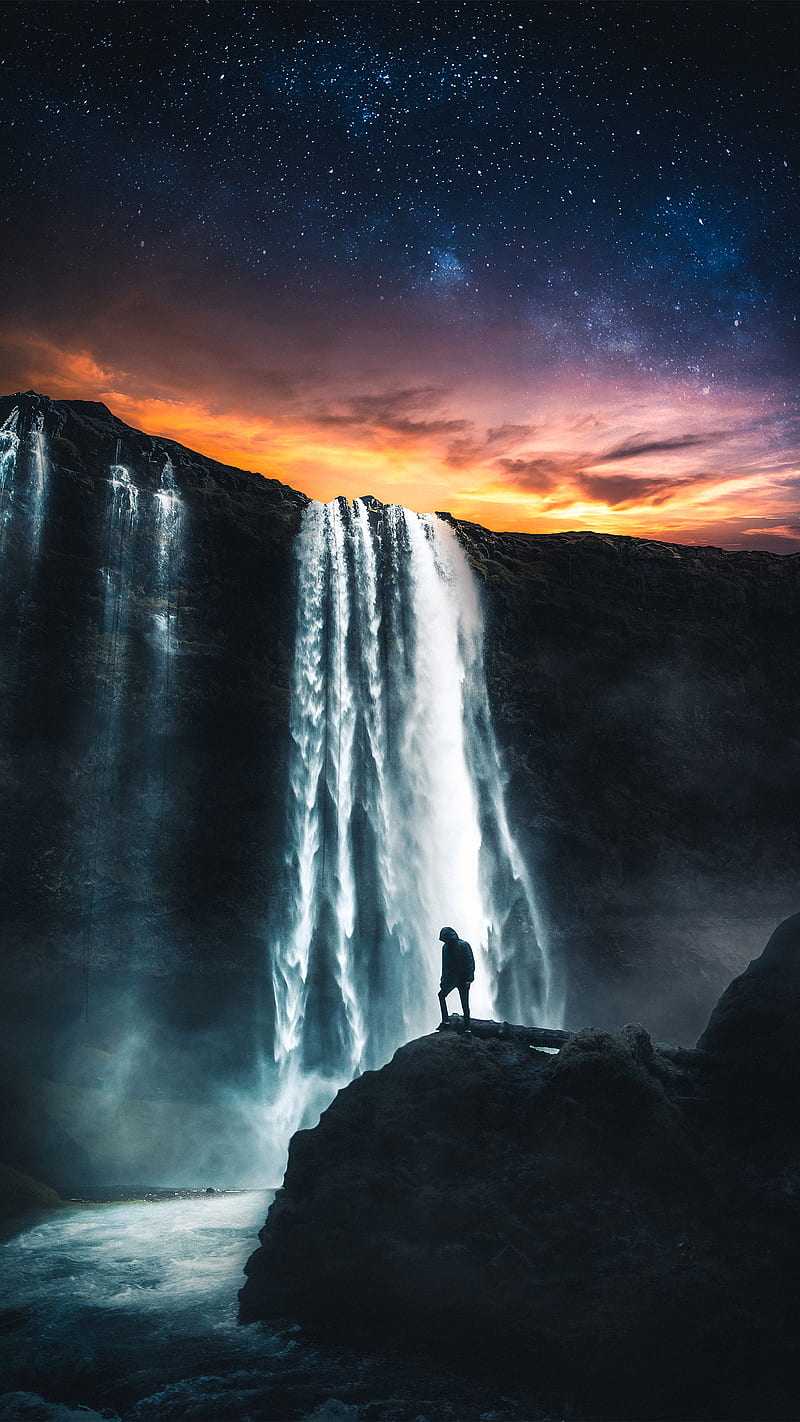 Be yourself, M_A_Visuals, cosmos, fantasy, landscape, man, milky way, sky, stars, sunset, universe, waterfall, HD phone wallpaper