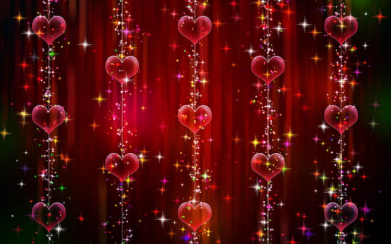 glass hearts pattern red backgrounds, love concepts, abstract art, glass hearts, background with hearts, HD wallpaper