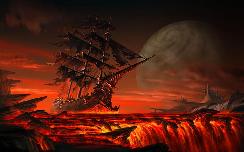 pirates, fiery river, pirate ship, waterfall, moon, HD wallpaper