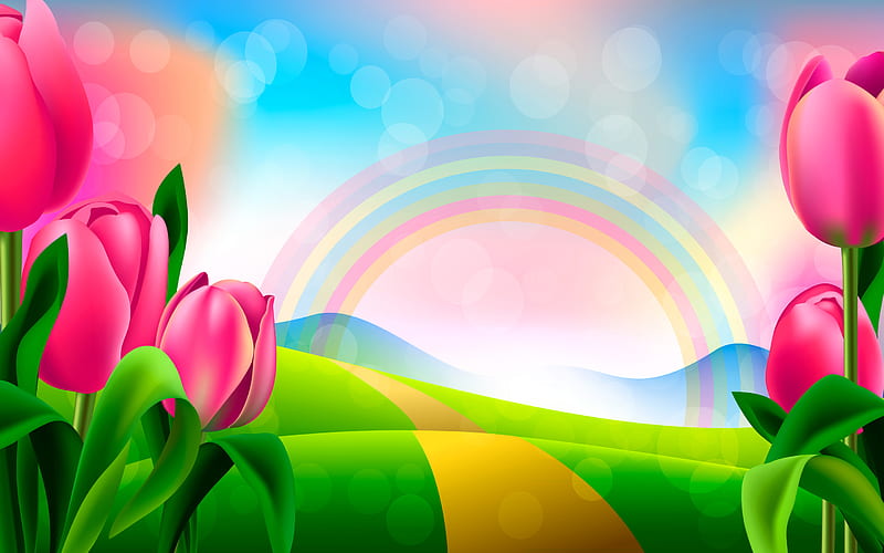 pink tulips, rainbow, road, field, summer, HD wallpaper