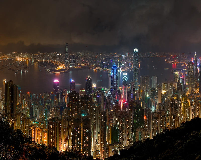 Hong Kong, city, night, town, HD wallpaper