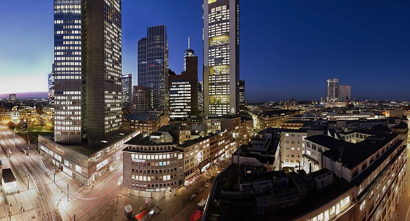 Frankfurt City, frankfurt, maintower, lights, city, skyline, commerzbank, tower, bank, banks, streets, commerz, street, night, germany, buildings, main, building, HD wallpaper