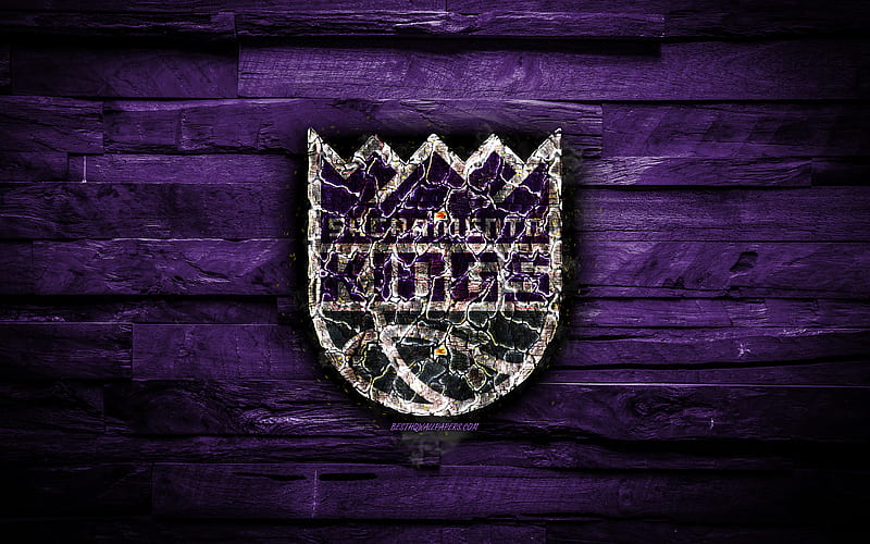 Sacramento Kings scorched logo, NBA, violet wooden background, american basketball team, Western Conference, grunge, basketball, Sacramento Kings logo, fire texture, USA, HD wallpaper