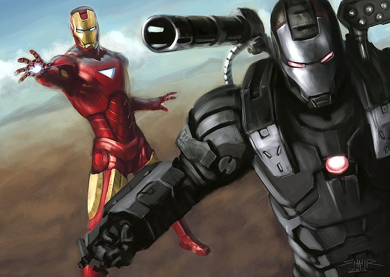 Iron man, gun, movie, drawing, fight, movies, robot, partnership, HD wallpaper