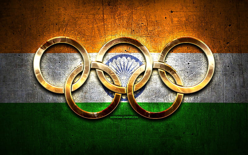 Indian olympic team, golden olympic rings, India at the Olympics, creative, Indian flag, metal background, India Olympic Team, flag of India, HD wallpaper
