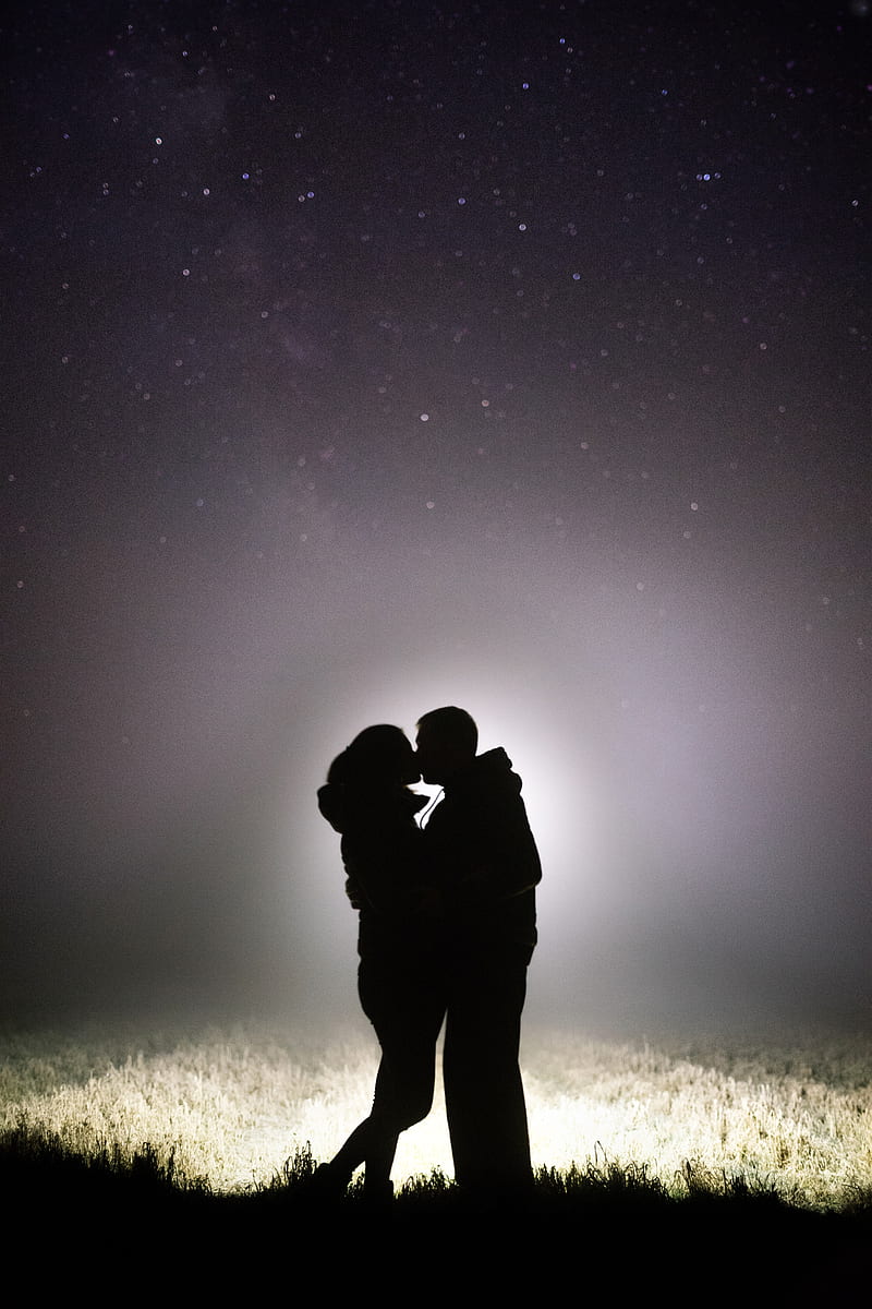 silhouettes, couple, kiss, love, romance, HD phone wallpaper