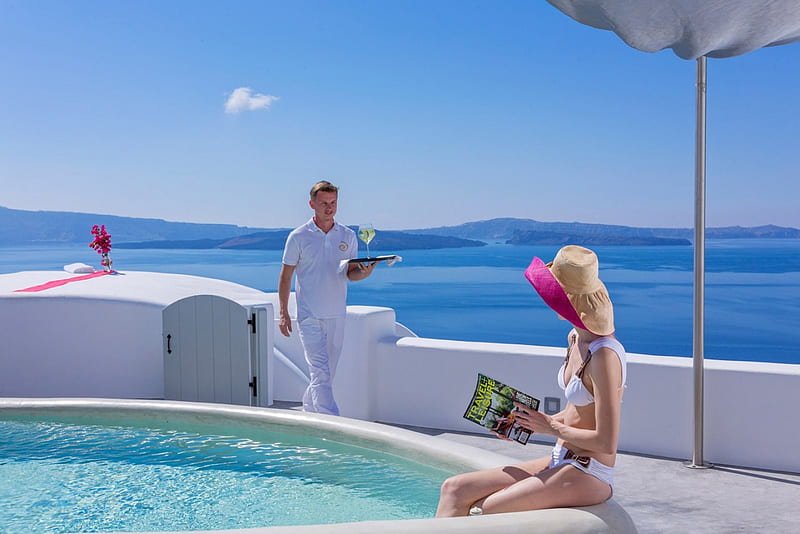 Vacationing in Santorini, Beautiful View, Greece, Santorini, Pool, Retreat, HD wallpaper