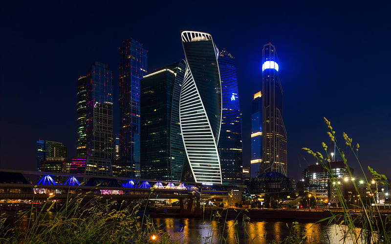 Moscow City, skyscrapers, business centers, Moscow river, night, cityscape, Moscow panorama, Moscow, Russia, HD wallpaper