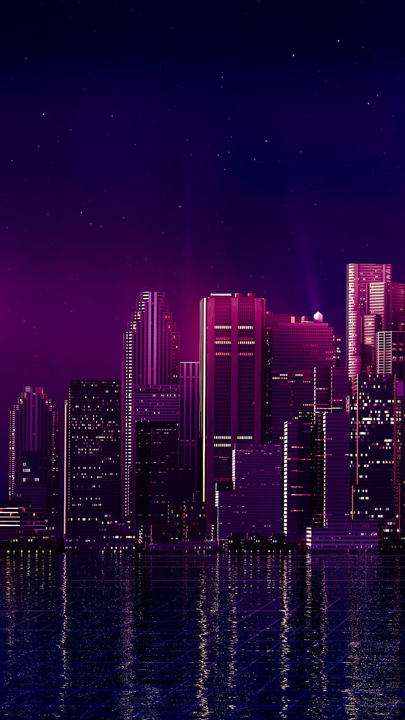 Night city, building, lights, sky, stars, water, HD phone wallpaper
