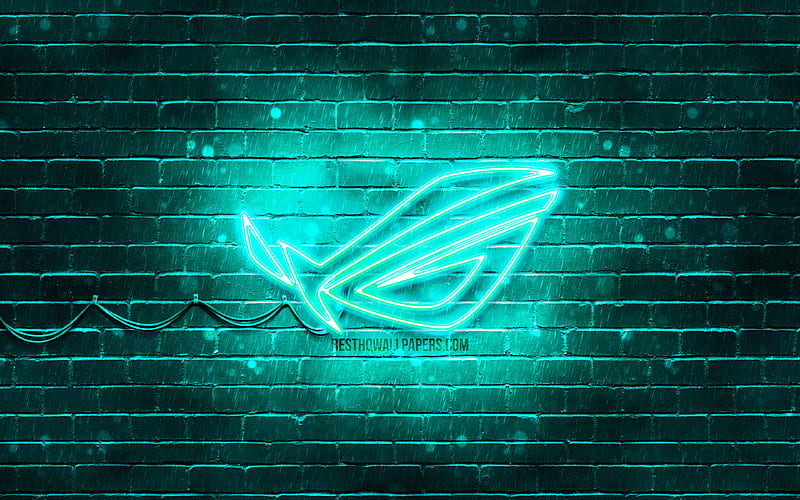 ROG turquoise logo turquoise brickwall, Republic Of Gamers, ROG logo, brands, ROG neon logo, ROG, HD wallpaper