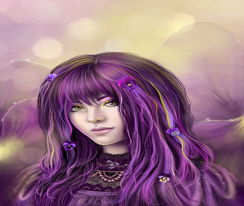 ..Purple Pansy.., female, draw and paint, colors, love four seasons, creative pre-made, digital art, abstract, xmas and new year, hair, fantasy, paintings, girl, purple, drawings, HD wallpaper